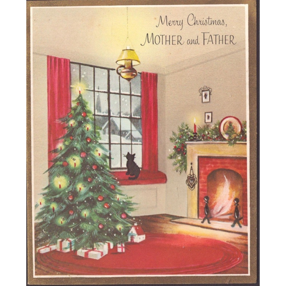 Vintage 1966 Norcross Christmas Card Mid-Century Black Cat Fireplace Used